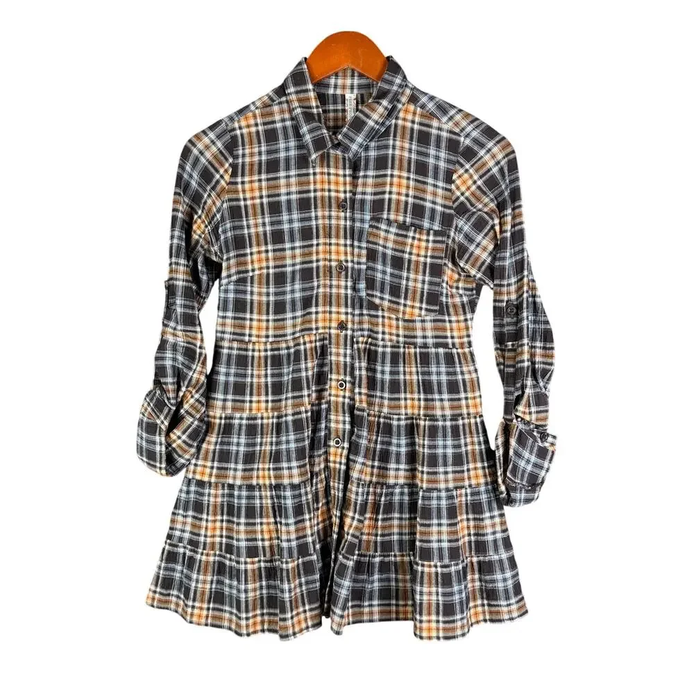 Free‎ People Ruffled Plaid Eternal Sunshine Dress Shirt Brown Orange Womens 0